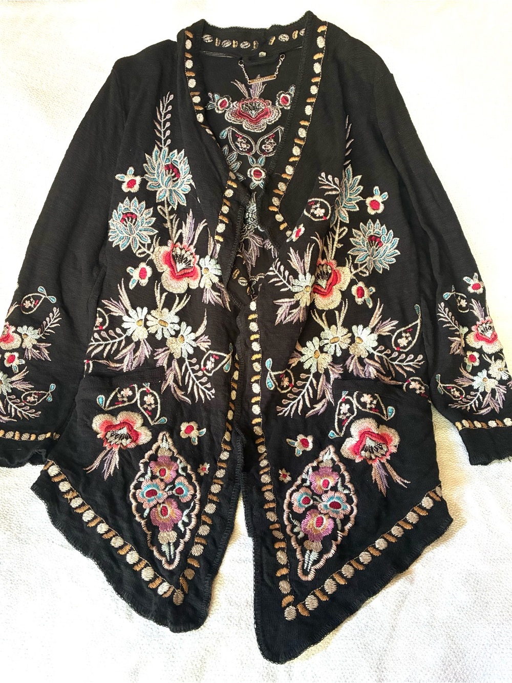 Paparazzi Women’s XL Black Embroidered Floral Boho High Low Cardigan Jacket